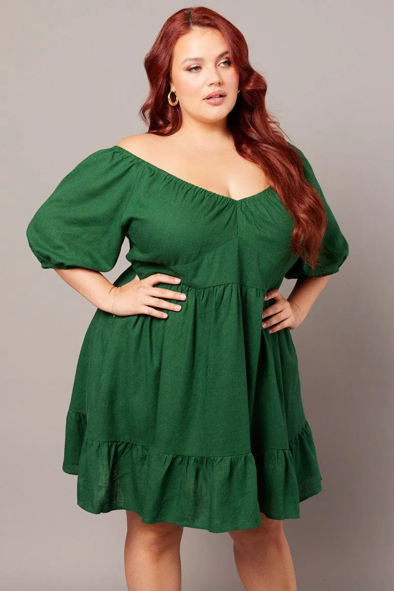 Relaxed mini for warm days Bold statement dress Green Tiered Mini Dress Shirred Back With Pockets