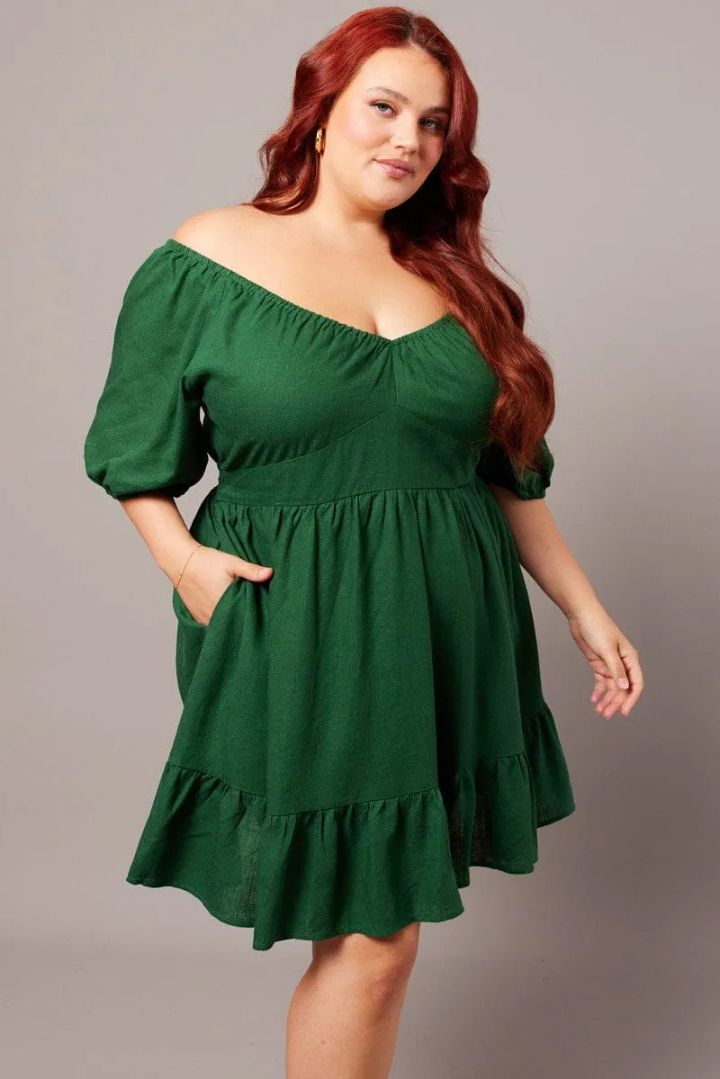 Green Tiered Mini Dress Shirred Back With Pockets Trendy Chic