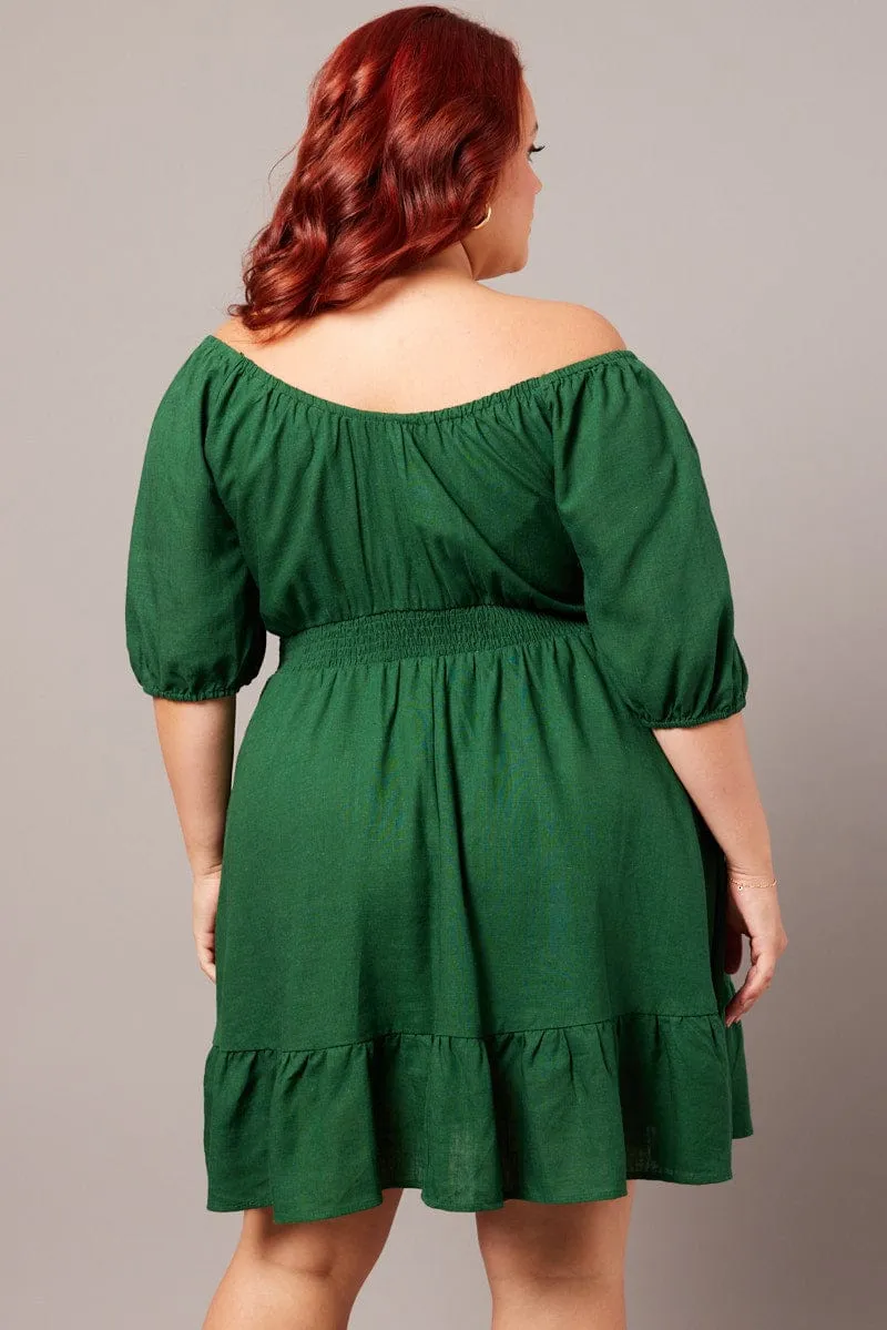 Green Tiered Mini Dress Shirred Back With Pockets Flirty Fit