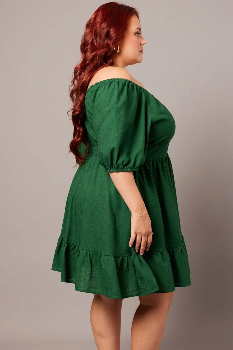 Green Tiered Mini Dress Shirred Back With Pockets Flattering Cut Party Ready