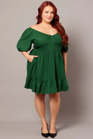Green Tiered Mini Dress Shirred Back With Pockets Stage Warm
