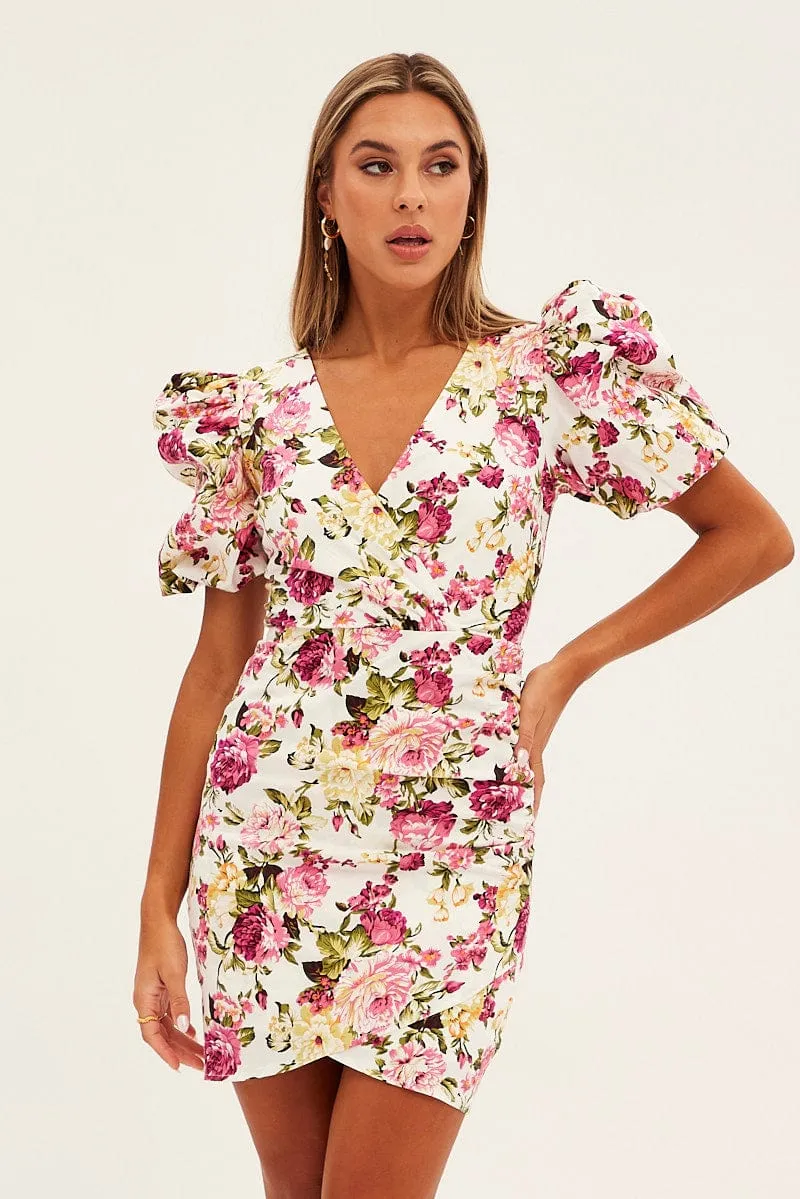 White Floral Mini Dress Puff Sleeve V-Neck Flexible frame