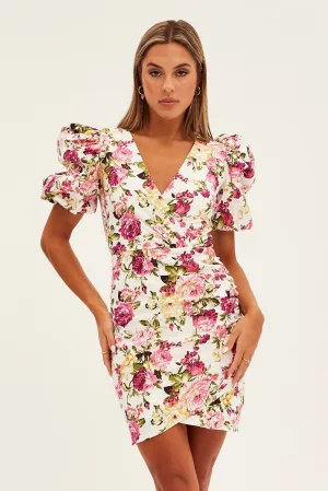 Moisture Wicking Lining White Floral Mini Dress Puff Sleeve V-Neck