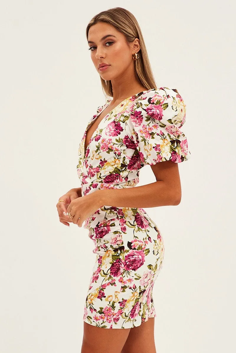 Cozy Look White Floral Mini Dress Puff Sleeve V-Neck
