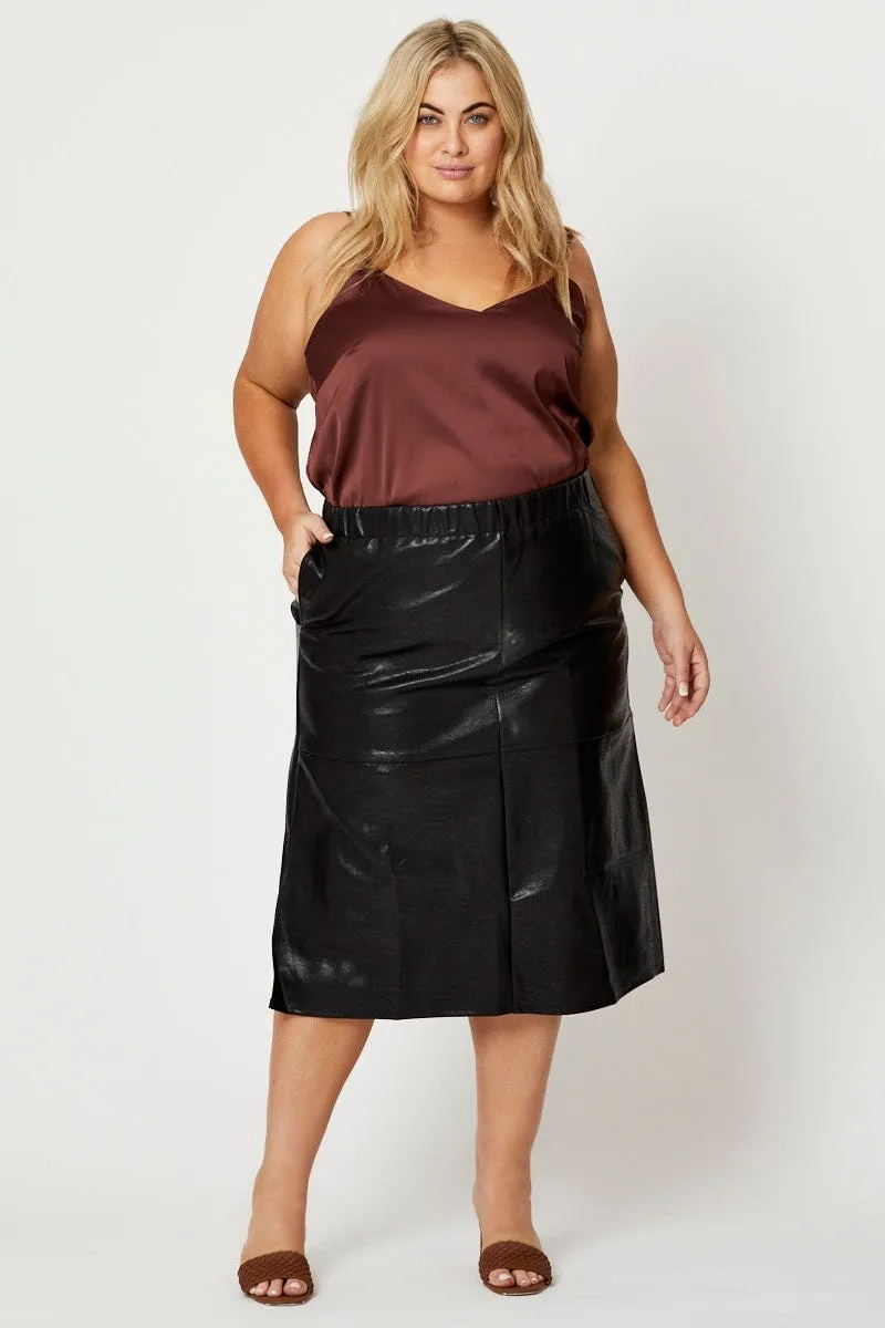 Black Midi Skirt Faux Leather Light Mood Button Details