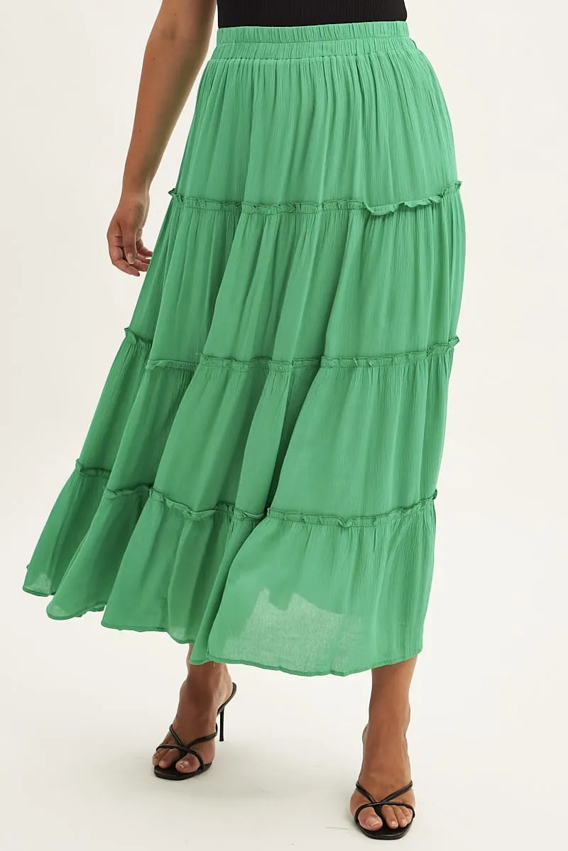 understated look lace accents Green Tiered Maxi Skirt