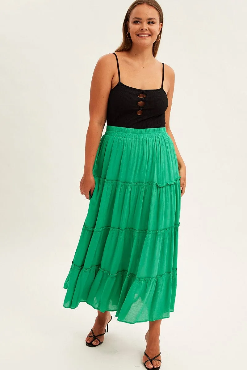 Green Tiered Maxi Skirt Layered Style Wrap style