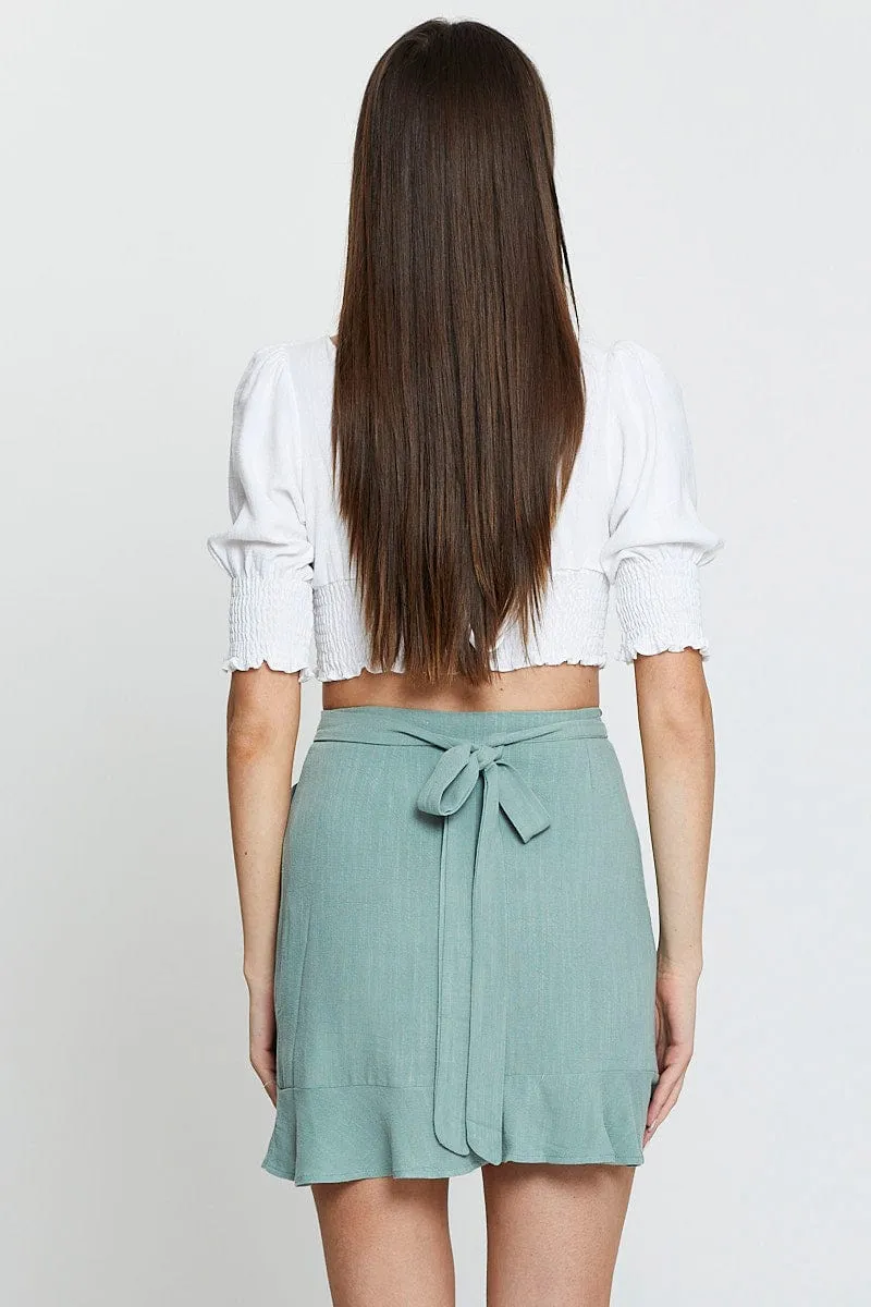 Adjustable Ties A Line Cut Green Wrap Skirt Mini High Rise
