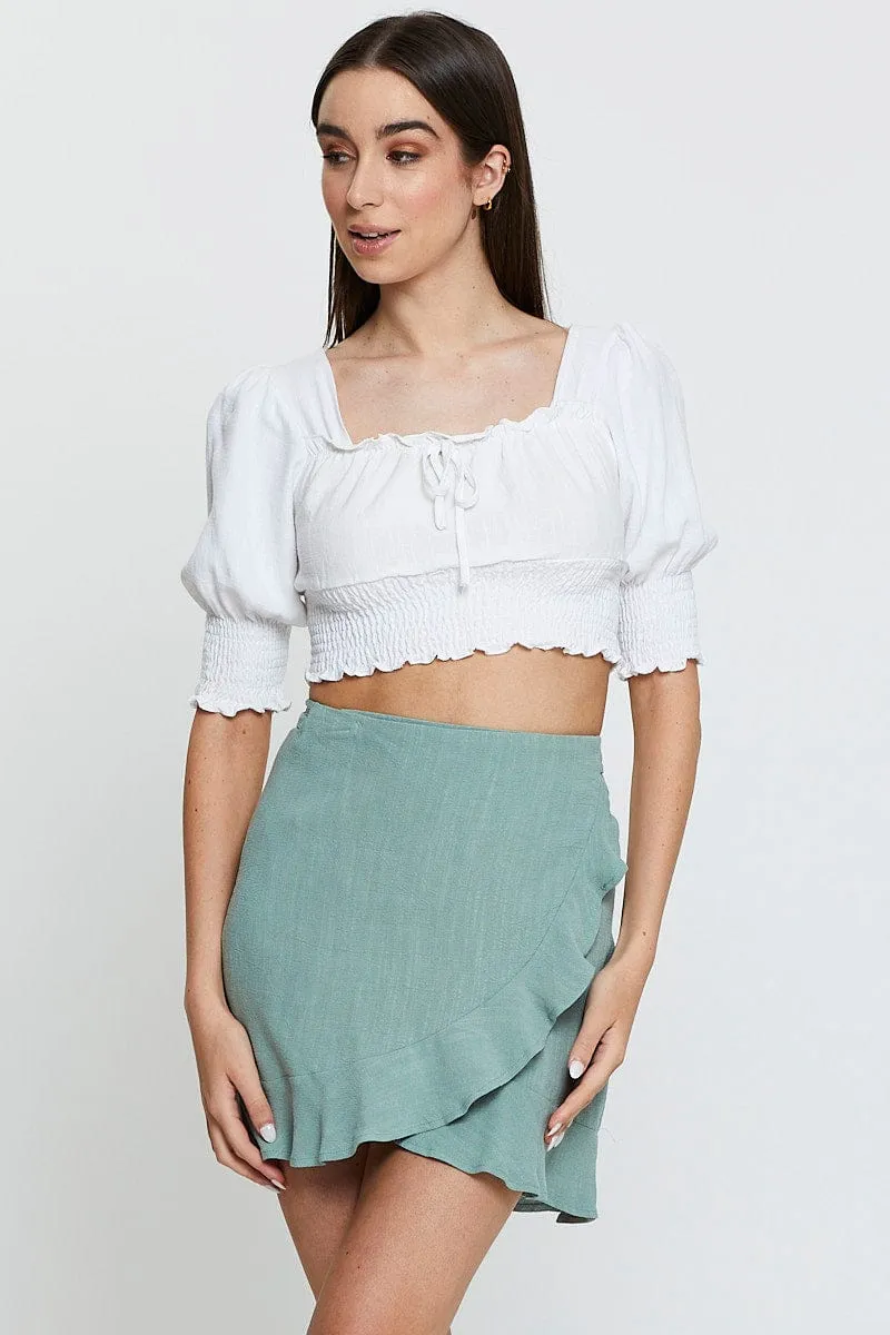 Green Wrap Skirt Mini High Rise Embroidered Detail High Density Weave
