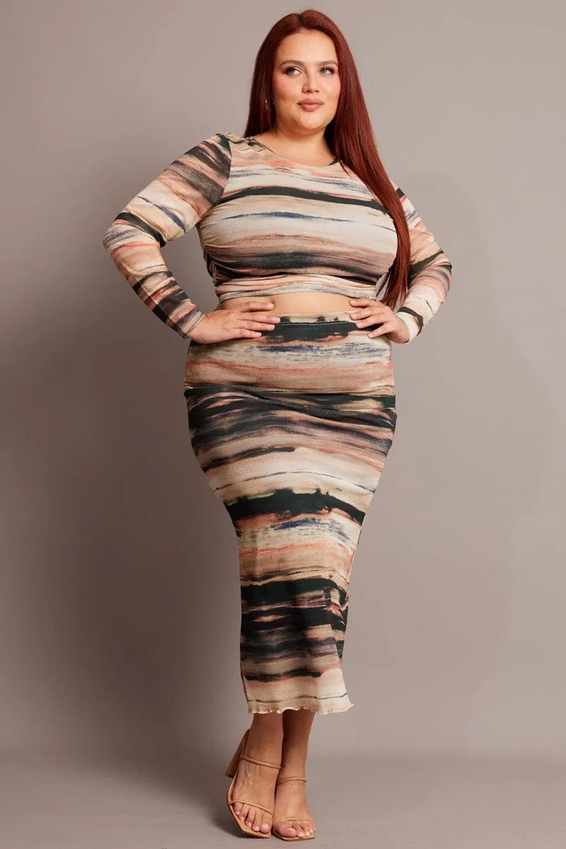 Fashion Pulse Daily Essential Multi Abstract Mesh Bodycon Landscape Skirt