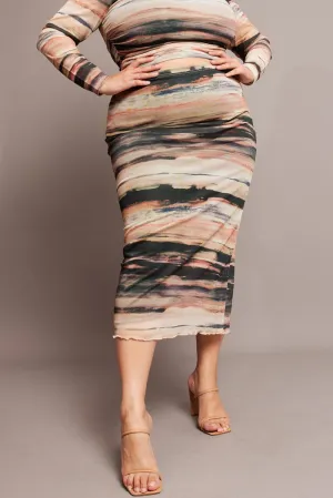 Synthetic Blend Street Edge Multi Abstract Mesh Bodycon Landscape Skirt