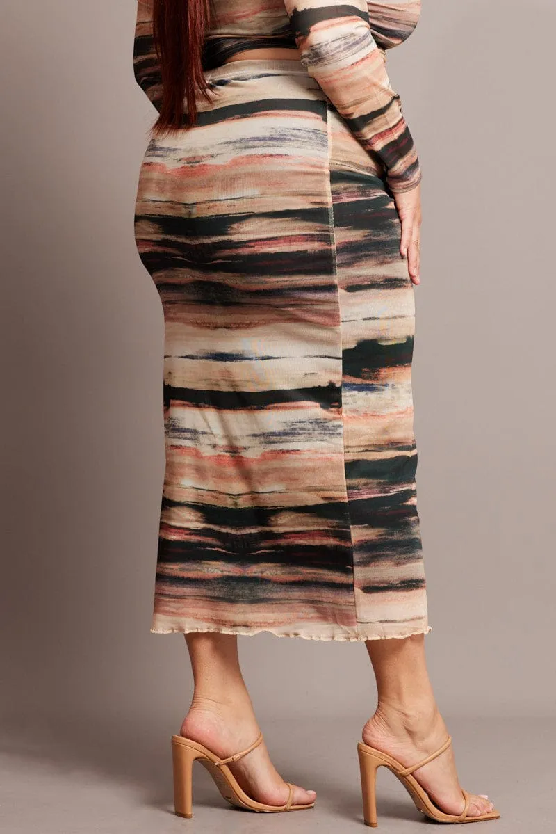 Breathable Material Multi Abstract Mesh Bodycon Landscape Skirt