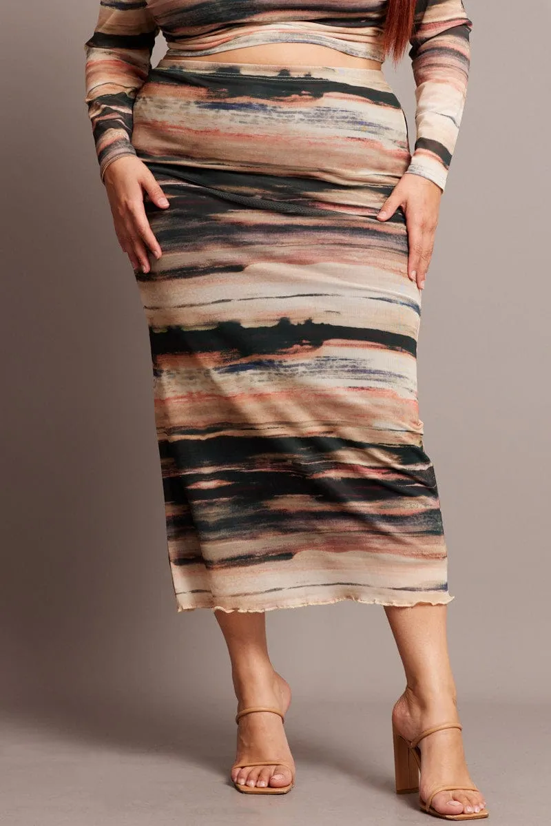 Neutral Tones No Ride Up Multi Abstract Mesh Bodycon Landscape Skirt