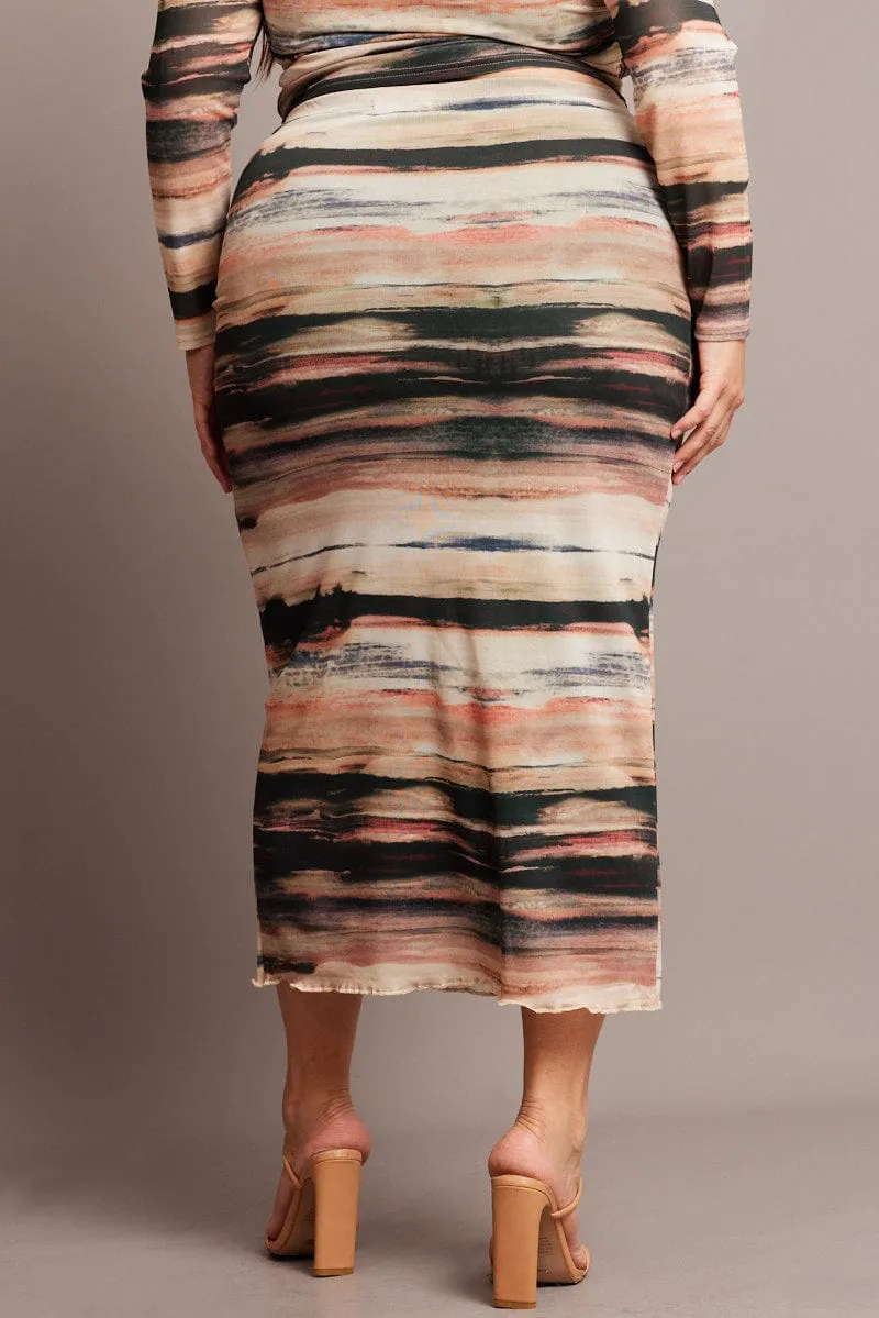 Multi Abstract Mesh Bodycon Landscape Skirt Durable Stitching flowy silhouette