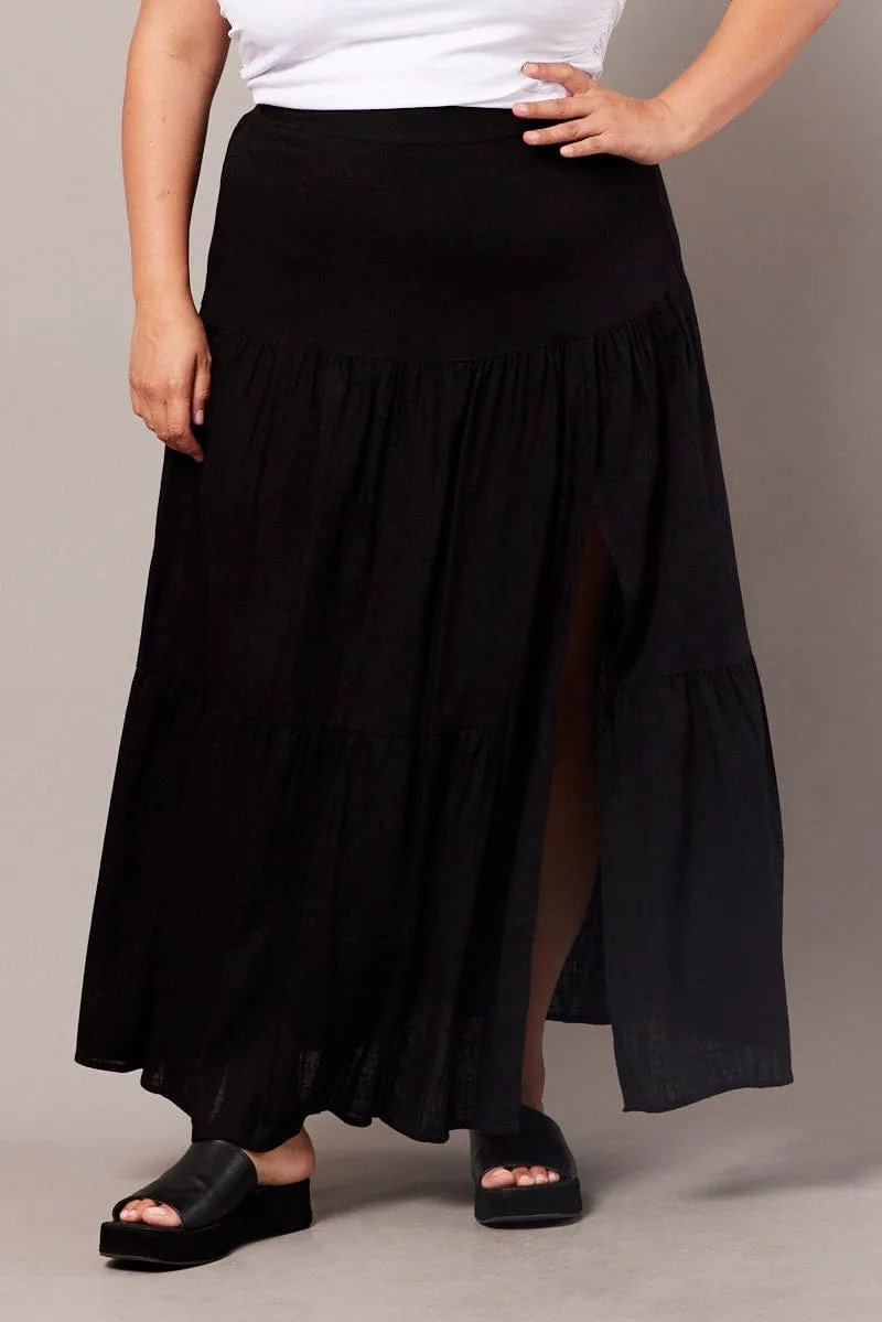 Black Maxi Skirt Linen Blend Split Fashion Combo Chill Tones