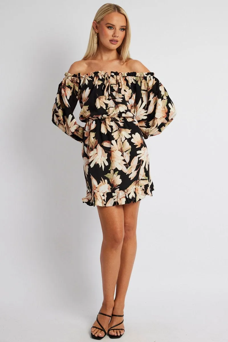 Nordic Light Stylish Scarf Black Floral Off Shoulder Dress Balloon Sleeve Skater Dress