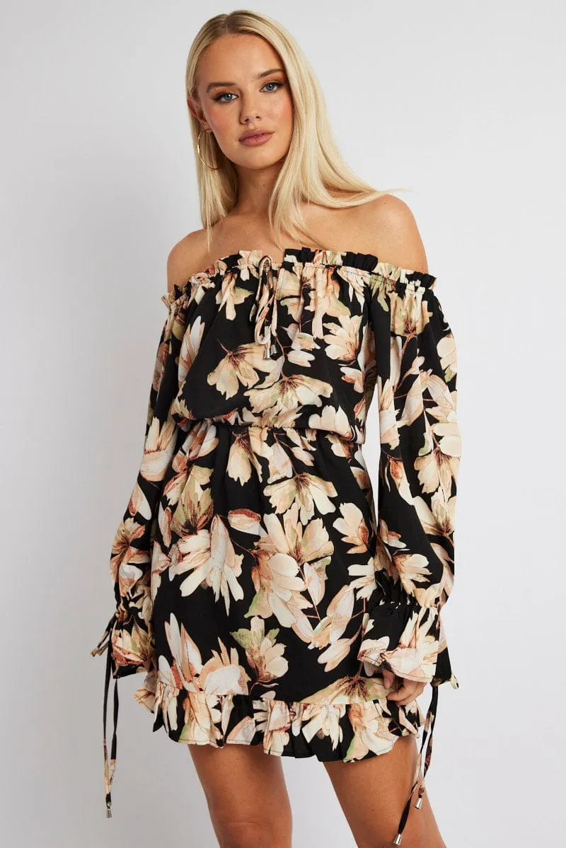Black Floral Off Shoulder Dress Balloon Sleeve Skater Dress DurableThreadwork SeamlessConstruction