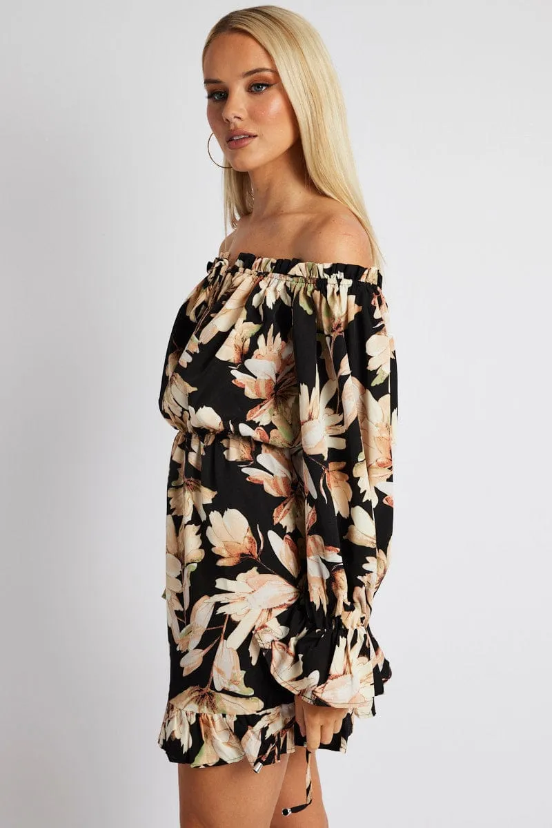 Black Floral Off Shoulder Dress Balloon Sleeve Skater Dress Seamless construction Modern Cut
