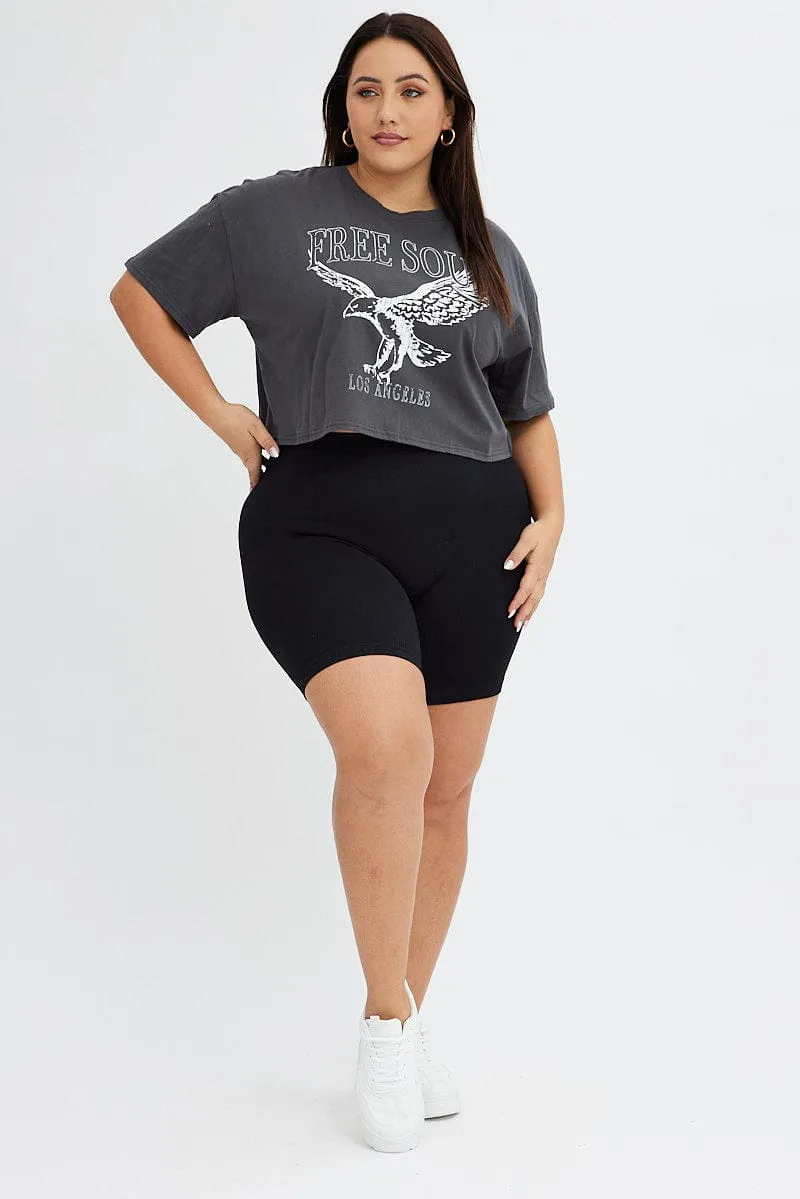 Grey Graphic T-shirt Super Crop Free Soul Eagle Fashion Layer LightweightBlend