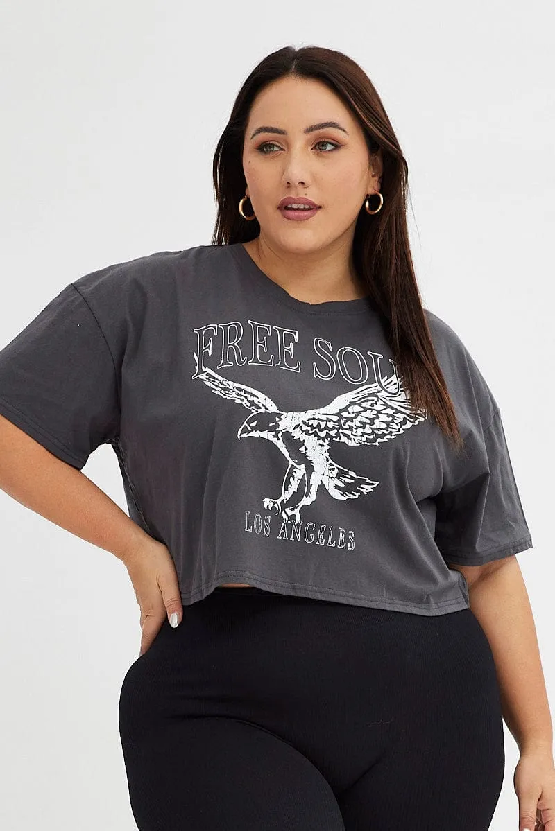 Grey Graphic T-shirt Super Crop Free Soul Eagle Chic Comfort Indoor Comfort