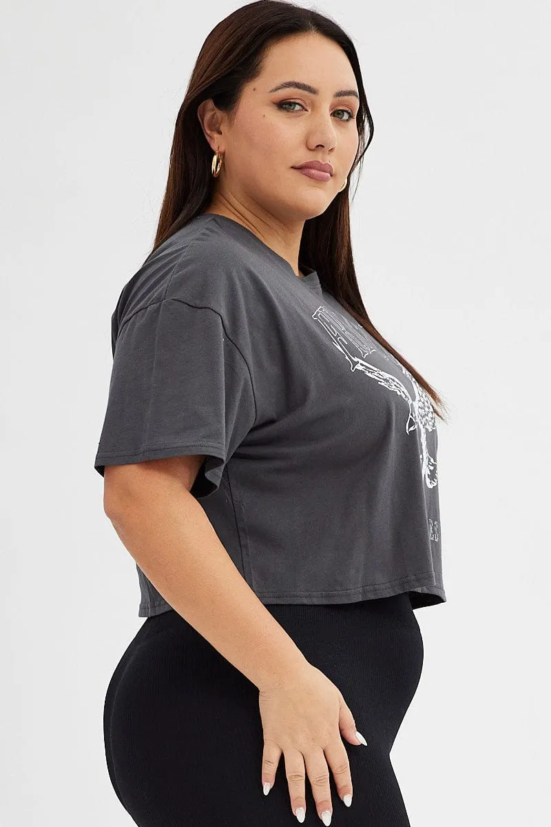 Relaxed Look Grey Graphic T-shirt Super Crop Free Soul Eagle