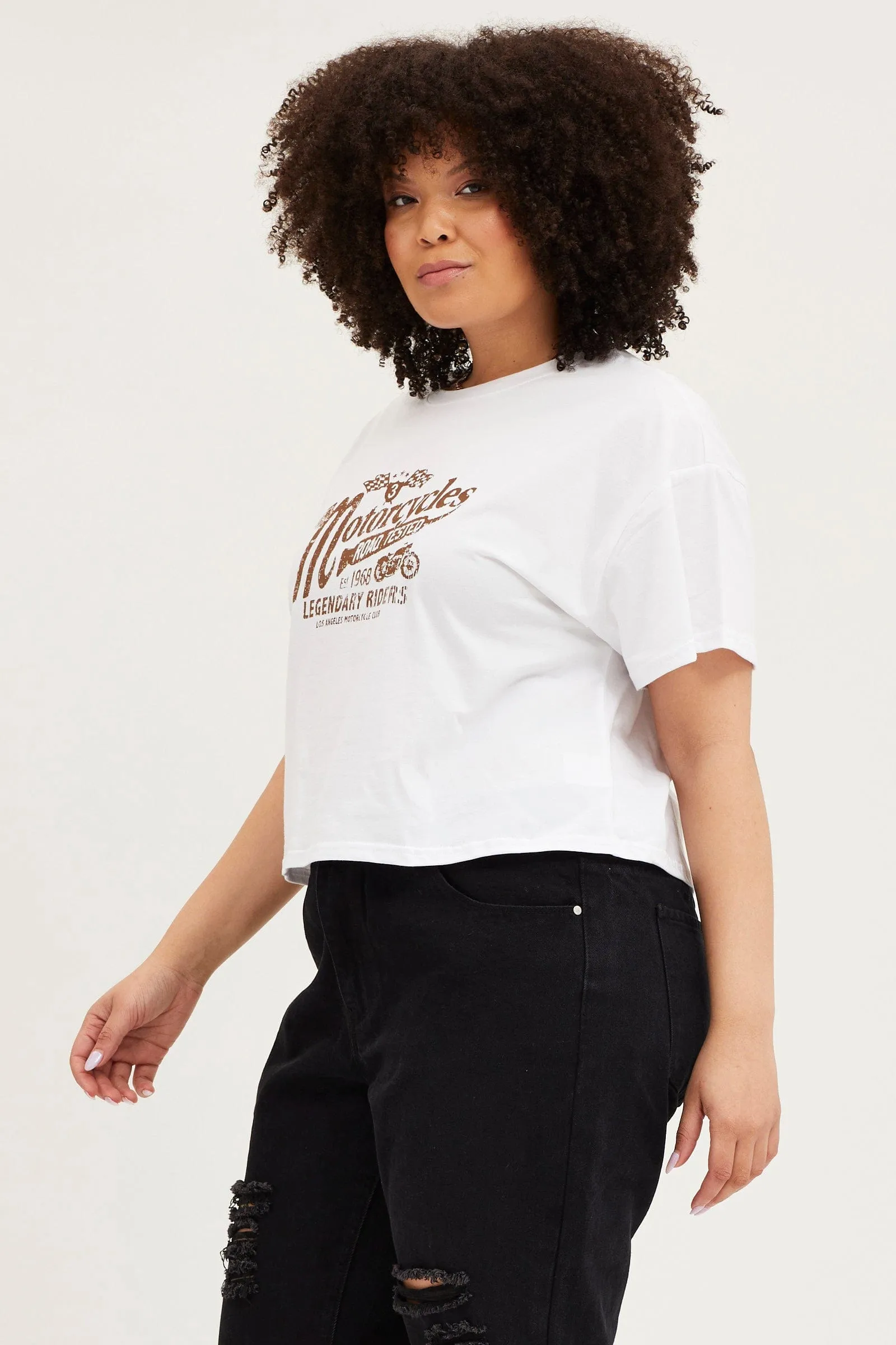 Modern Smart White Short Sleeve Motorcycle Semi Crop Printed T-shirt