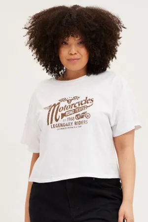 White Short Sleeve Motorcycle Semi Crop Printed T-shirt Active Fashion Spring Freshness