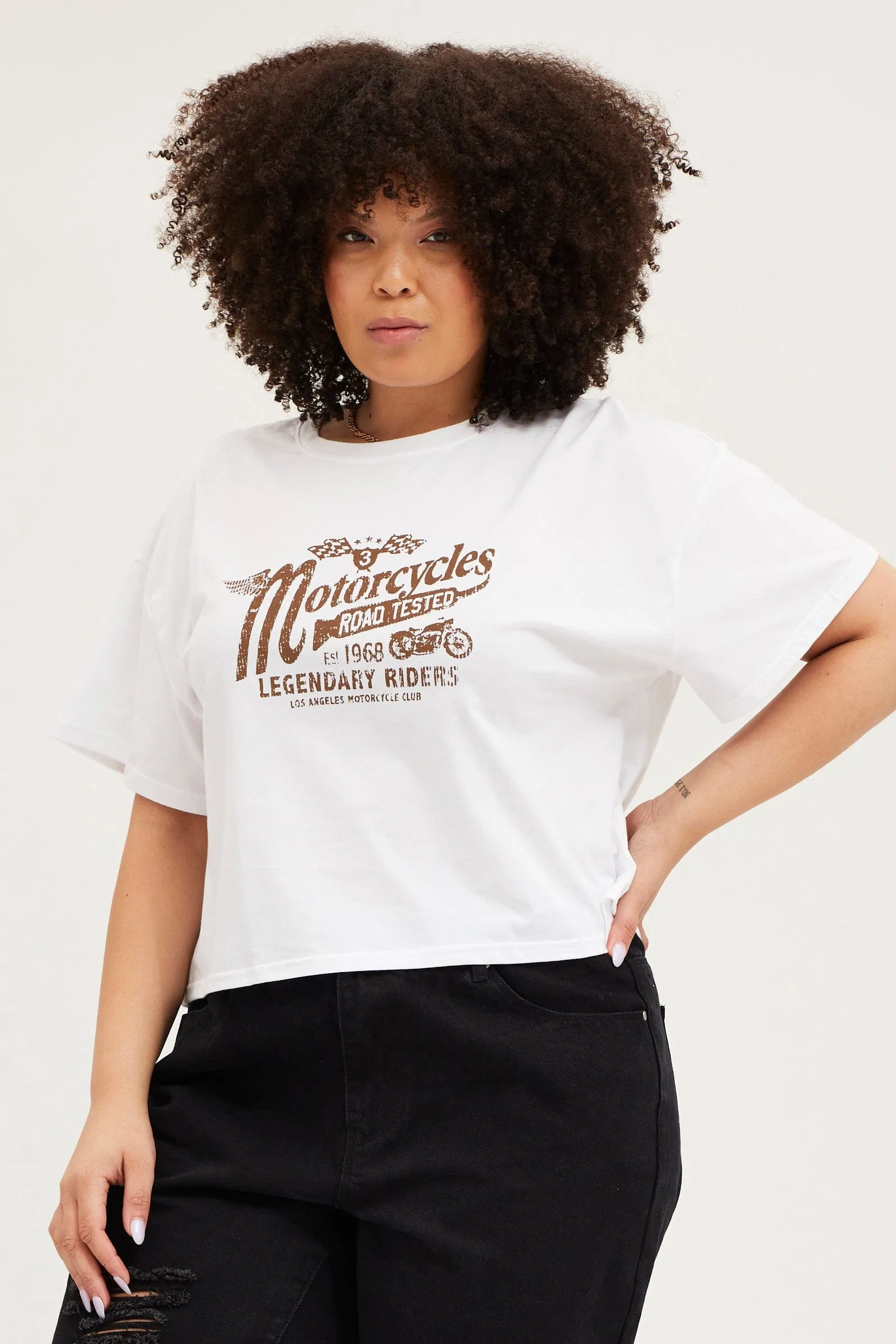 White Short Sleeve Motorcycle Semi Crop Printed T-shirt Casual Layer Wear