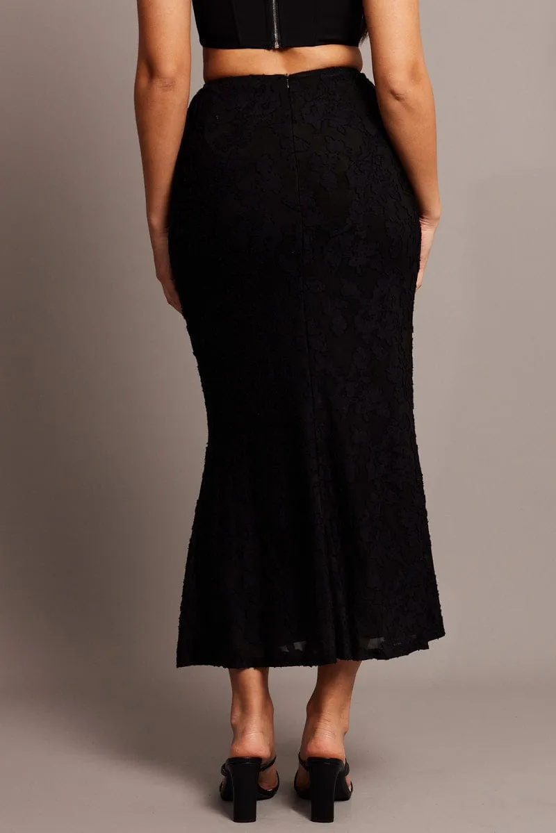 Modern Chic Casual Comfort Black Midi Skirt Side Split Burnout