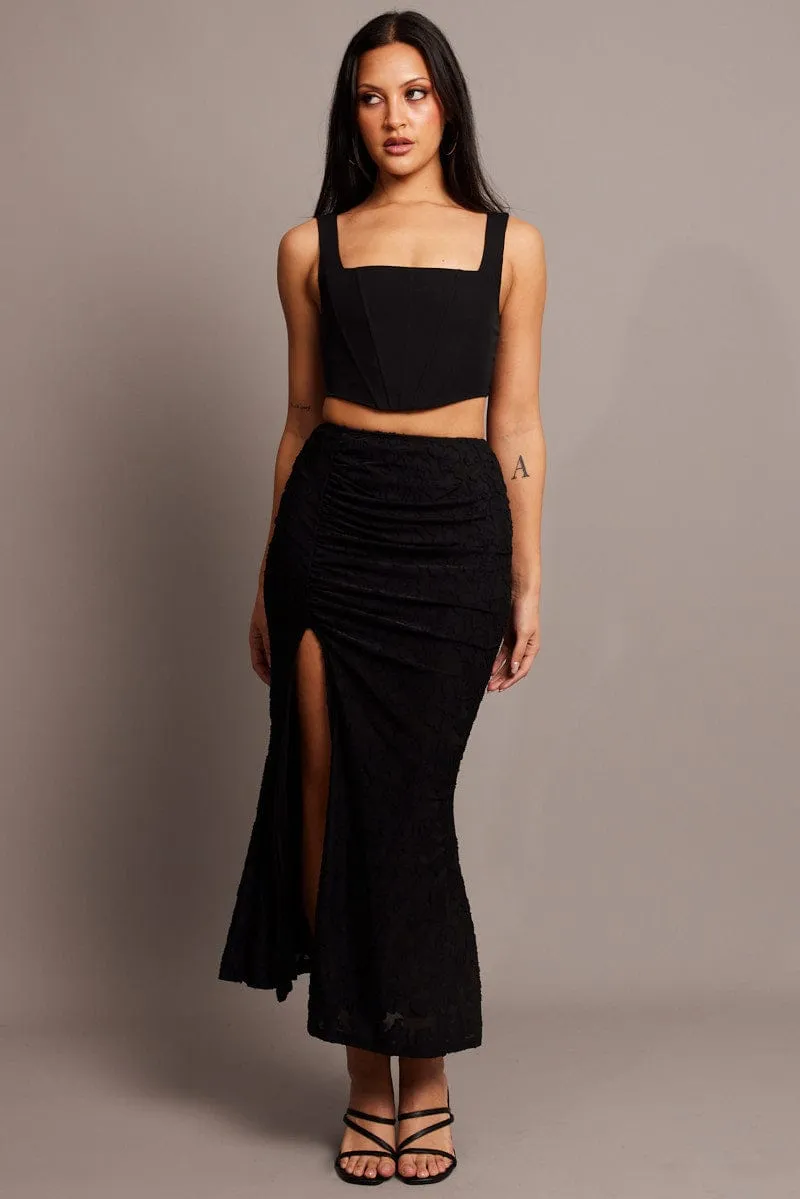 Black Midi Skirt Side Split Burnout Denim style