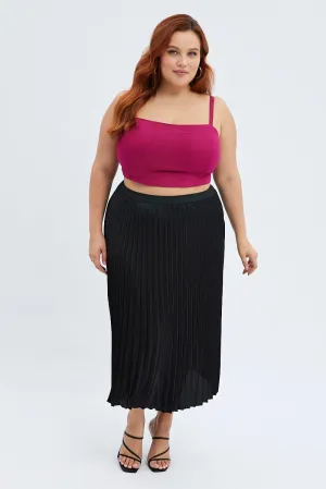 Daily Essential Black Pleated Skirt Midi Elastic Waist Satin