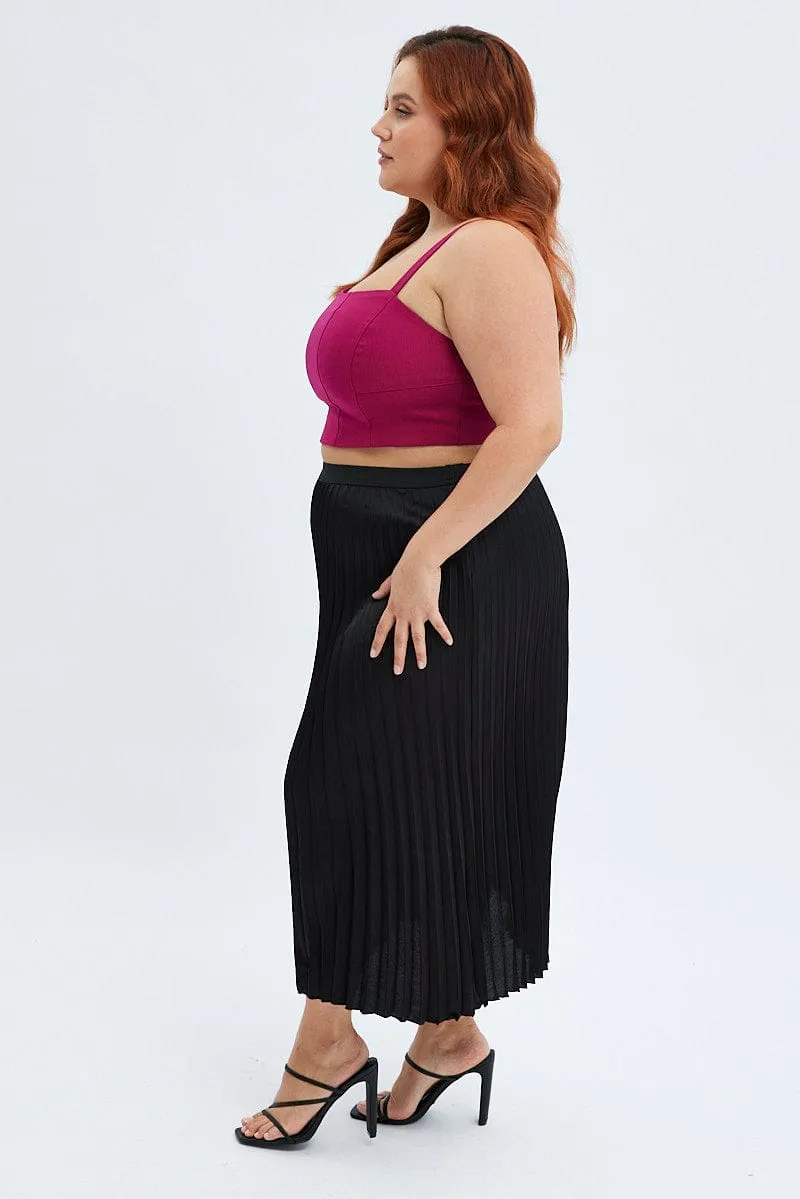 Black Pleated Skirt Midi Elastic Waist Satin Functional Detail Street Ready