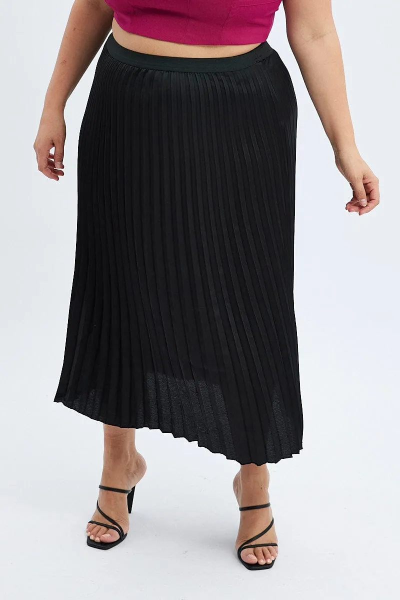 muted tone Fashion Detail Black Pleated Skirt Midi Elastic Waist Satin
