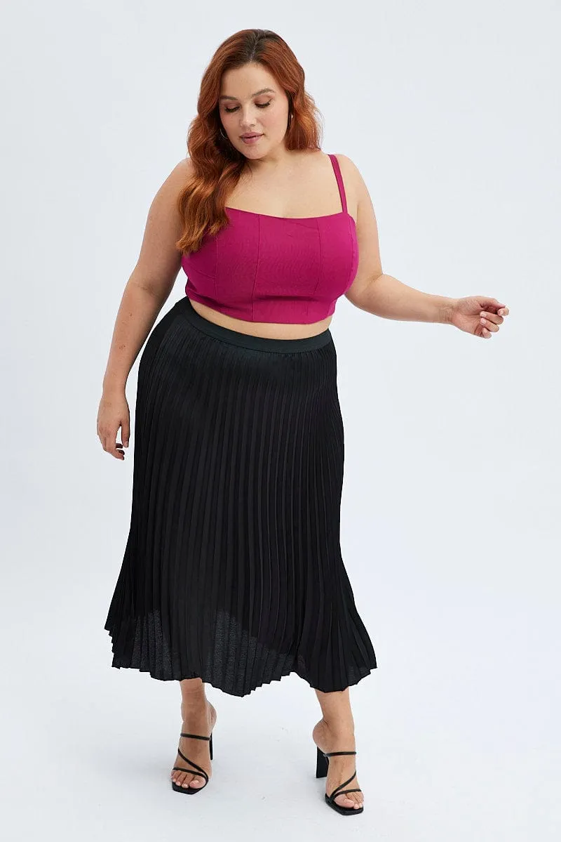 Black Pleated Skirt Midi Elastic Waist Satin Texture Shot Polished Cut