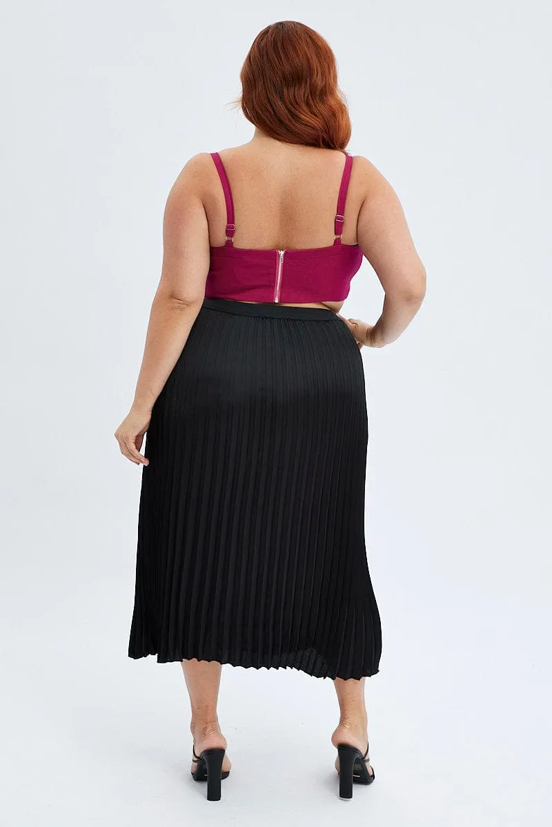 Slip Resistant Waistband Black Pleated Skirt Midi Elastic Waist Satin