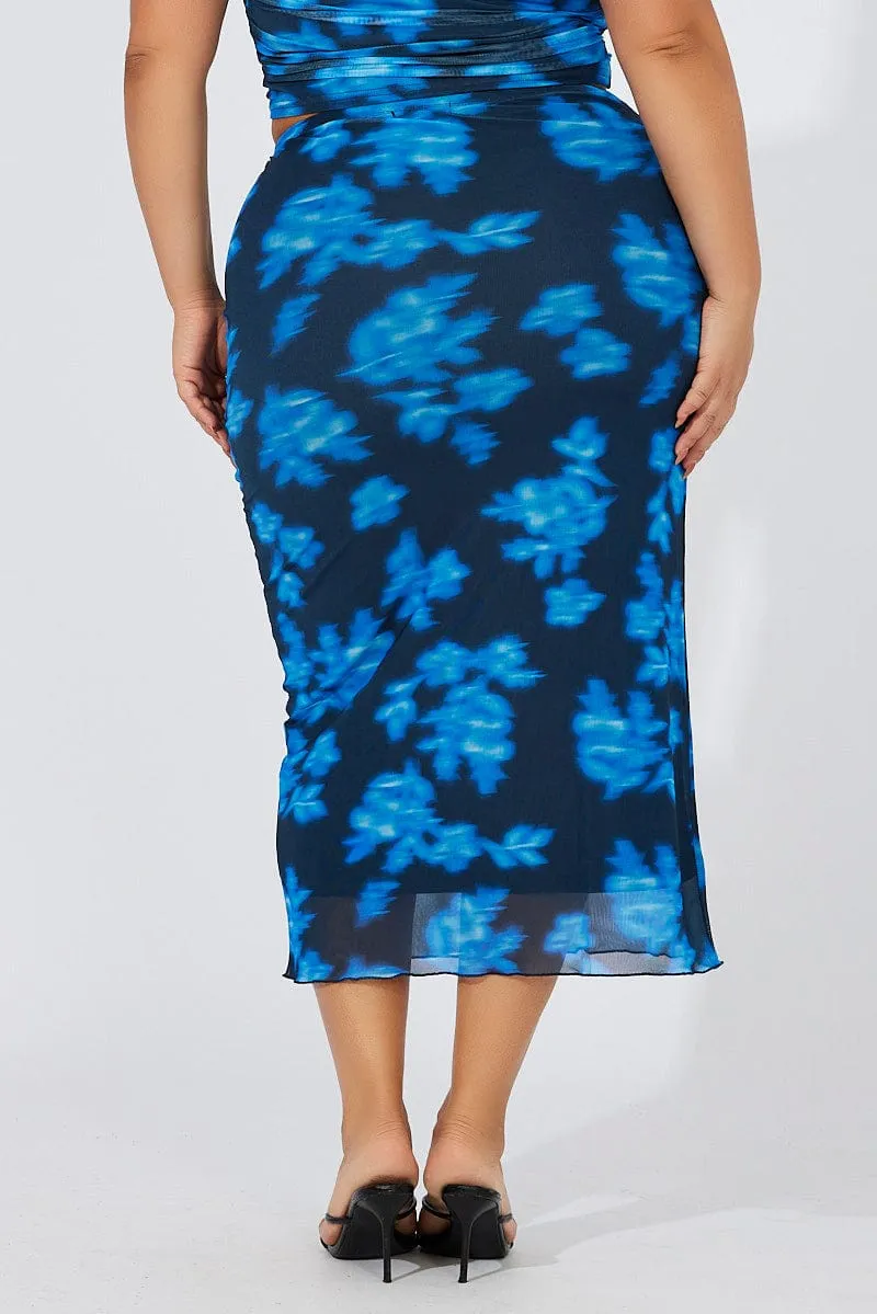 Relaxed Style Crisp Look Blue Abstract Mesh Midaxi Skirt