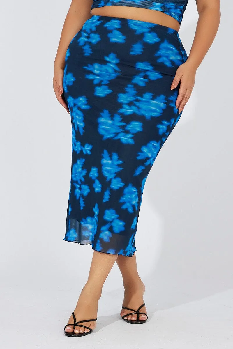 City Wear Blue Abstract Mesh Midaxi Skirt