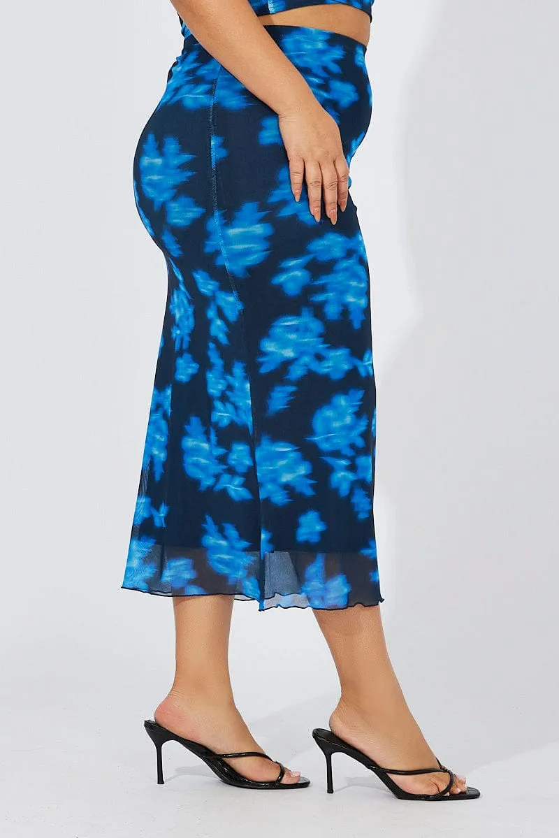 Modern Chic Soft Lines Blue Abstract Mesh Midaxi Skirt