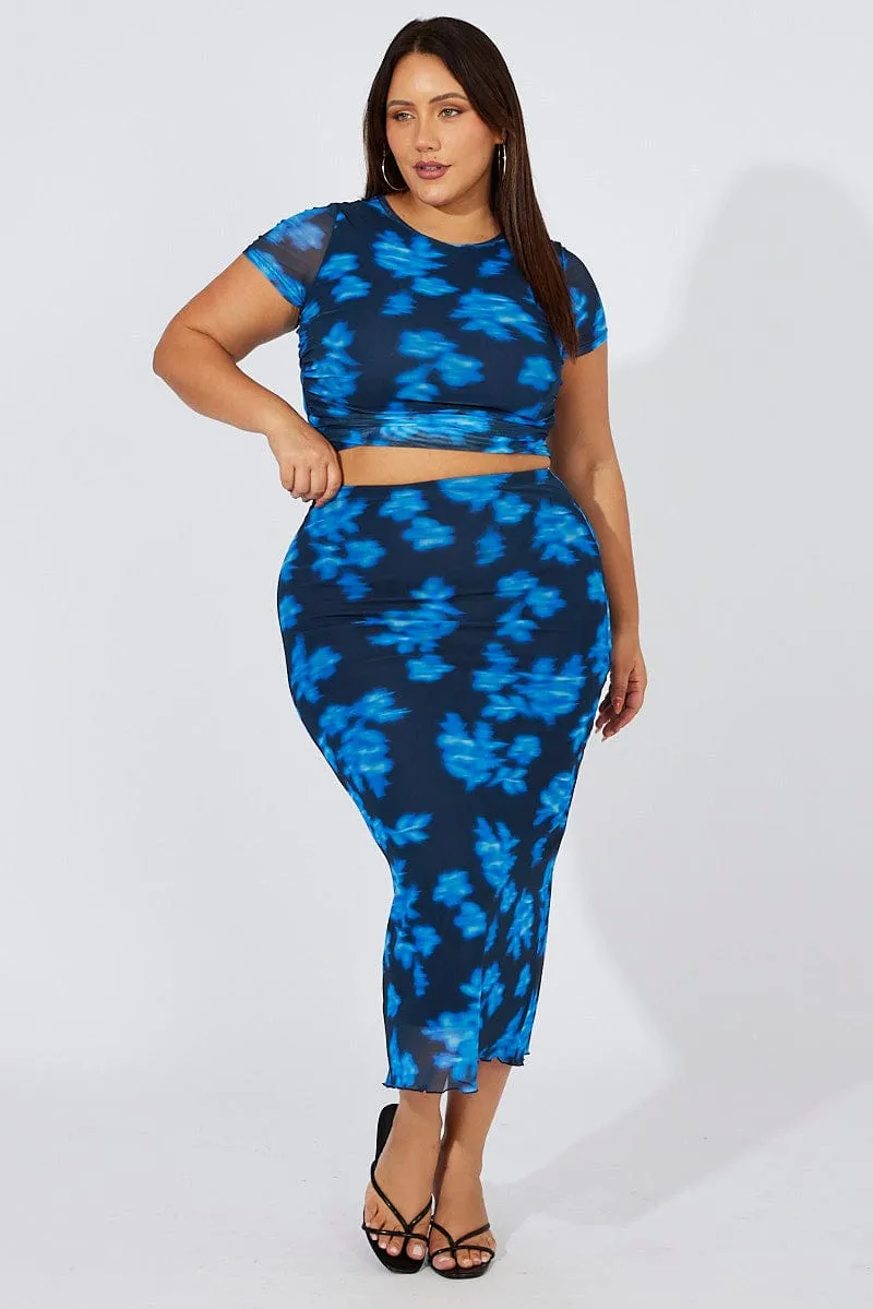 Blue Abstract Mesh Midaxi Skirt Neutral Wear