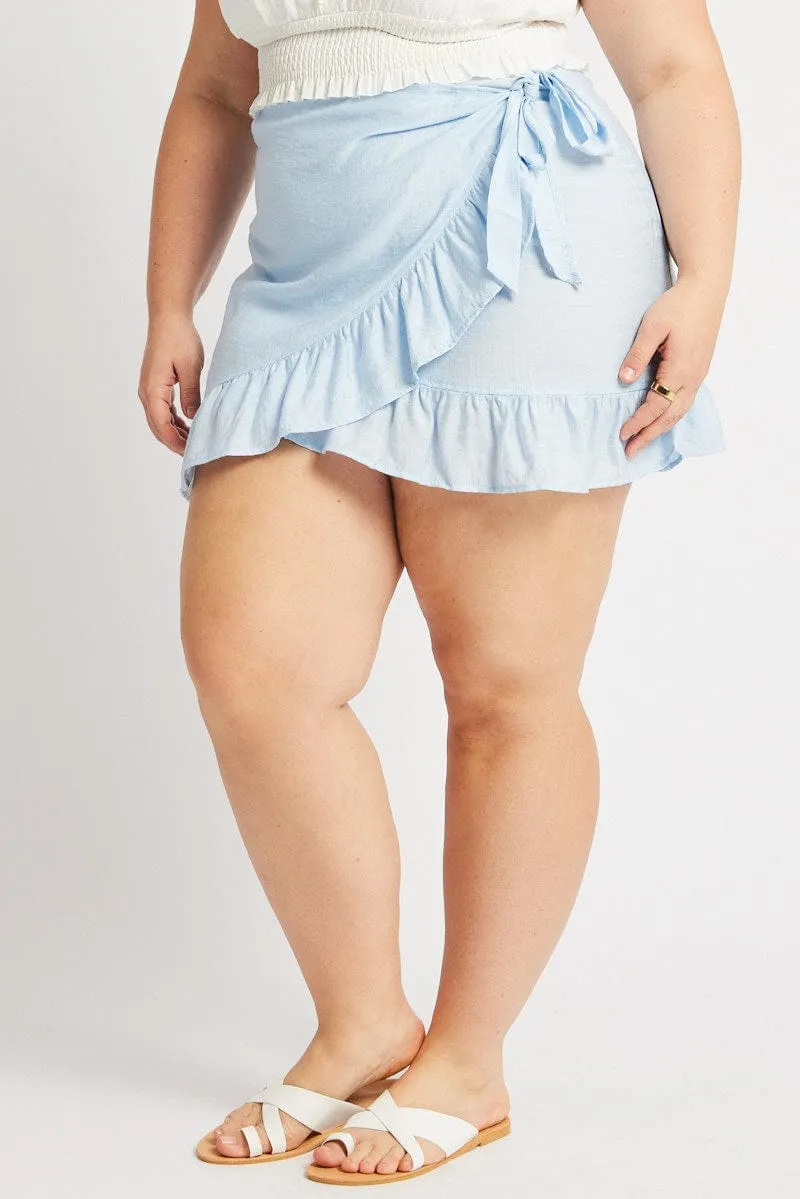 Transitional Wear A Line Silhouette Blue Frill Hem Wrap Mini Skirt
