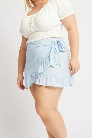 Blue Frill Hem Wrap Mini Skirt Fringe Detail Shirred Back