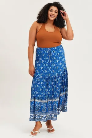 Outfit Focused Non Restrictive Fit Boho Print Tiered Maxi Skirt