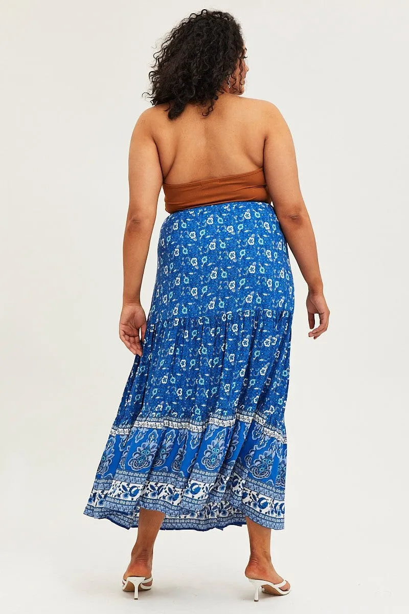 Layered Hem Boho Print Tiered Maxi Skirt