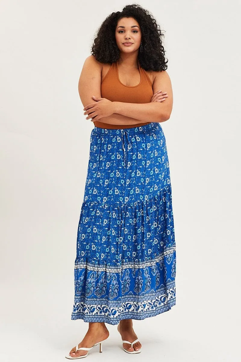 Boho Print Tiered Maxi Skirt Floral Pattern Smooth Look