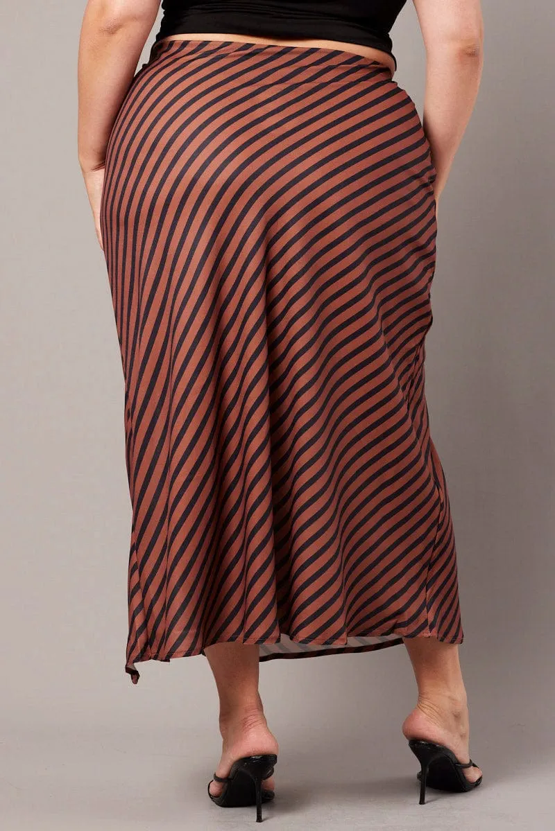 Moisture Wicking Textile Odor Resistant Treatment Brown Stripe Stripe Split Midi Skirt