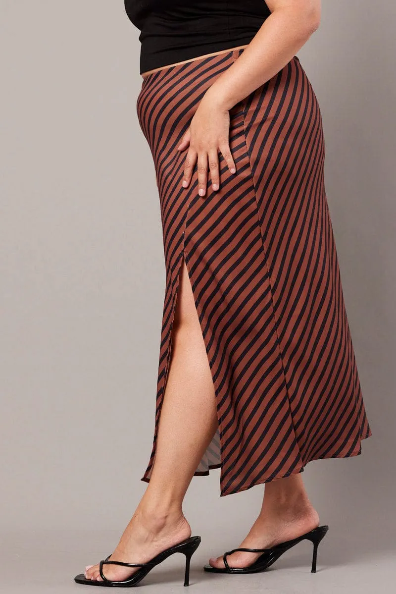 Brown Stripe Stripe Split Midi Skirt Cool Details Slim Fit Band