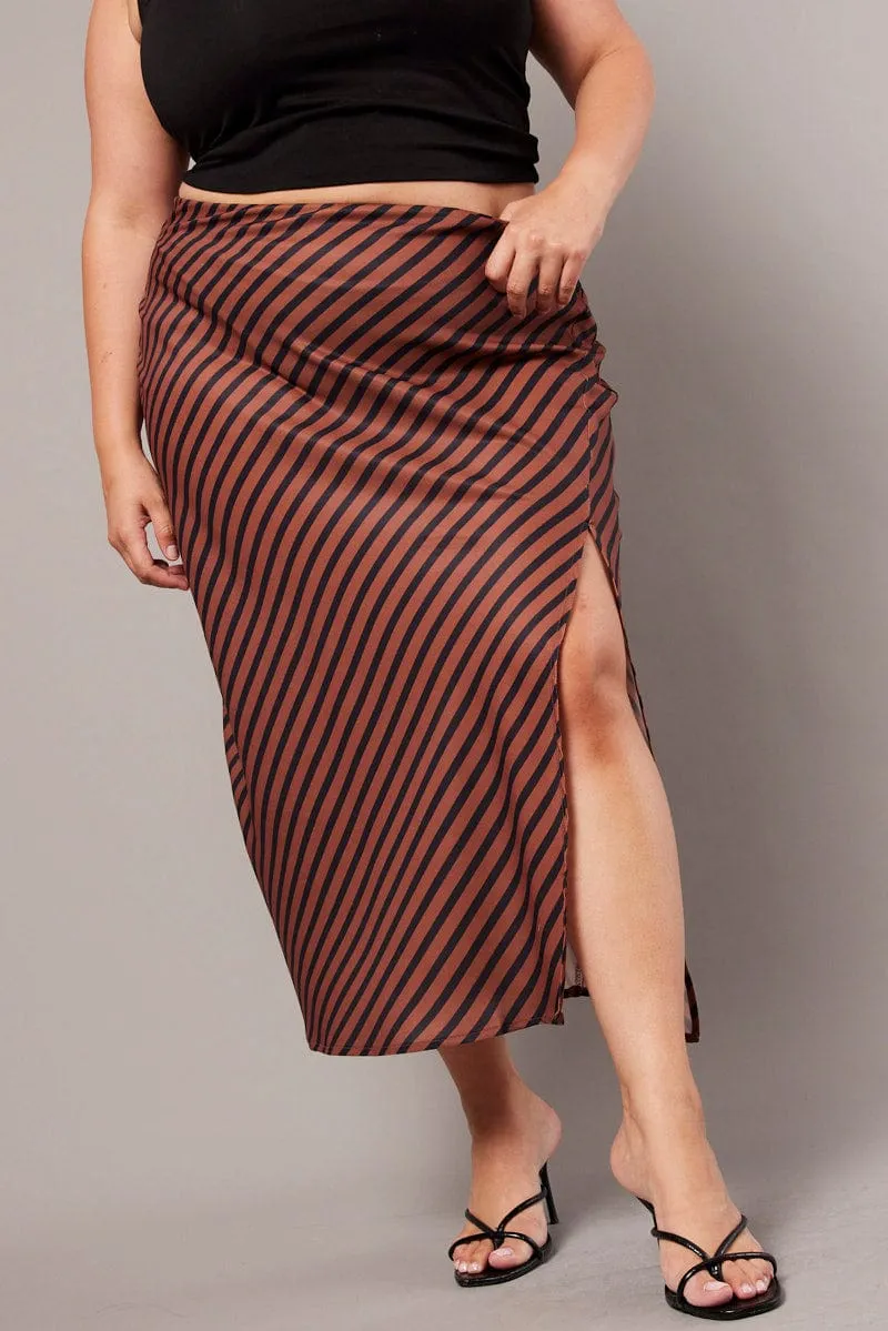 Brown Stripe Stripe Split Midi Skirt Cozy Feel