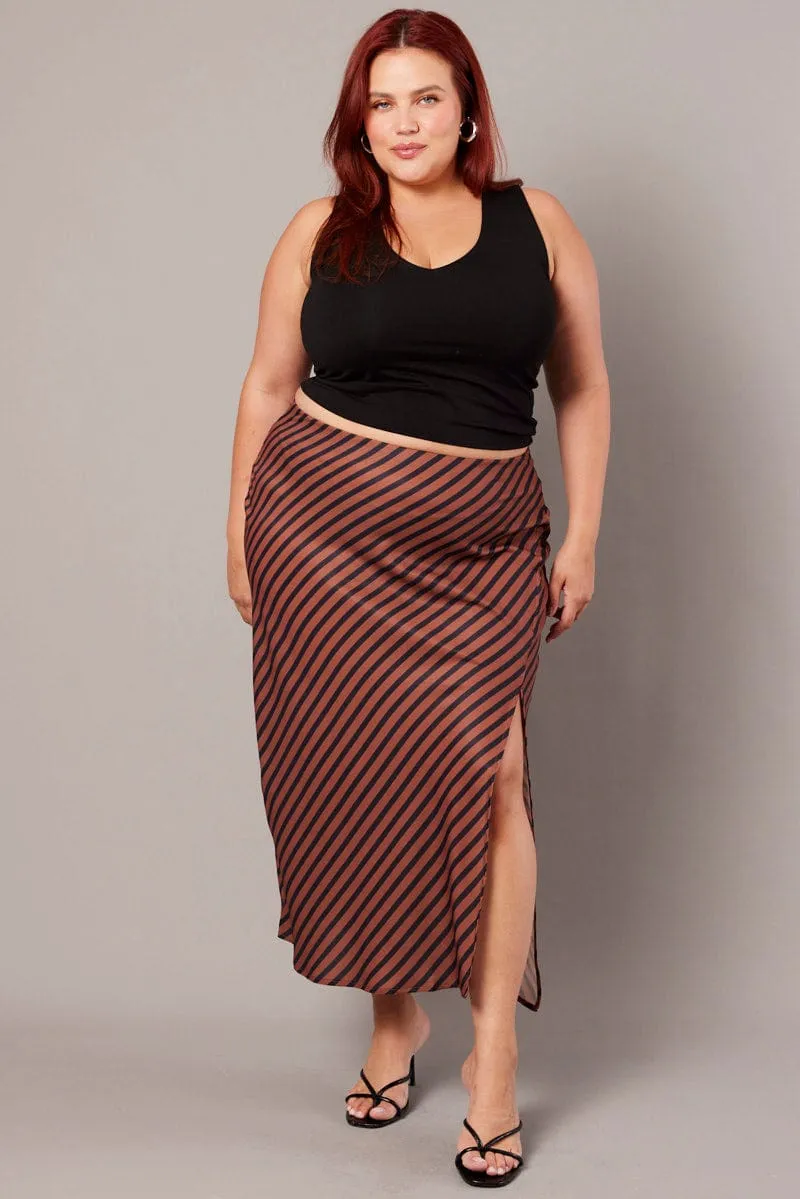 Brown Stripe Stripe Split Midi Skirt Iconic Style