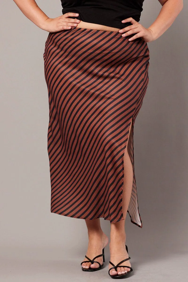 Brown Stripe Stripe Split Midi Skirt Chic casual Eco conscious
