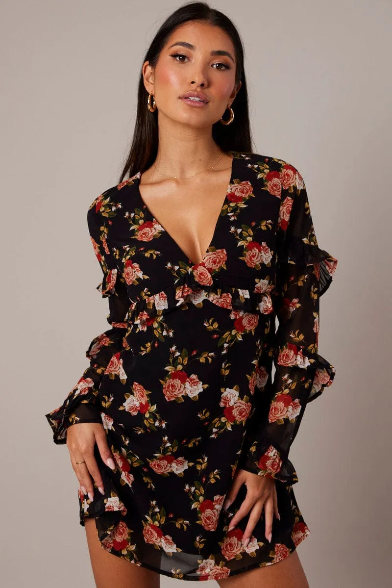 MultiFunctional Pockets Black Floral Smock Dress Ruffle Sleeve Dress
